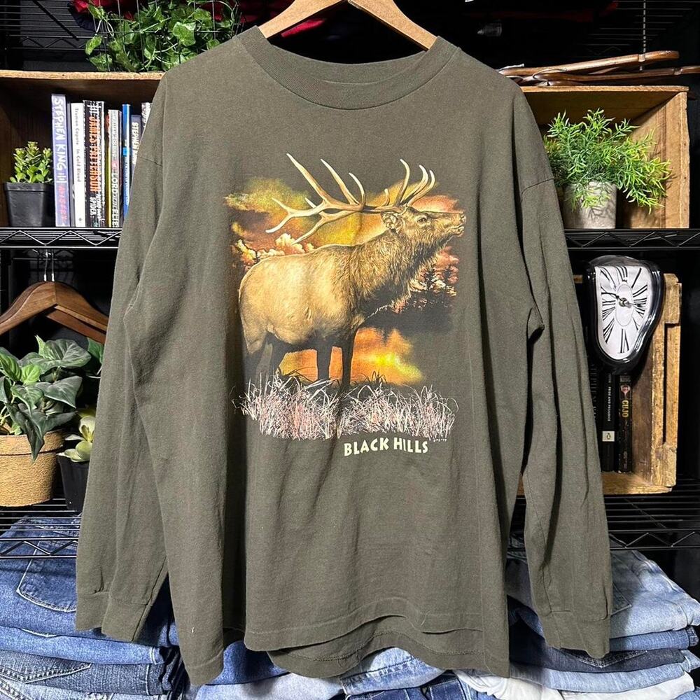Vintage 90s Single Stitch Black Hills Moose Long Sleeve Shirt Green Elk Tee